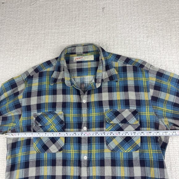 Vintage Champion Flannel Shirt Mens Sz 17.5 Blue Gray Plaid Cotton Button Up - Picture 12 of 16